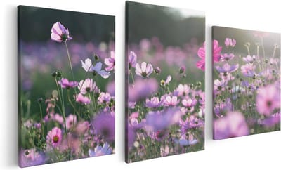 Artaza Canvas Schilderij Drieluik Bloemenveld Met Paarse Kosmos  - 120x60 - Foto Op Canvas - Canvas Print