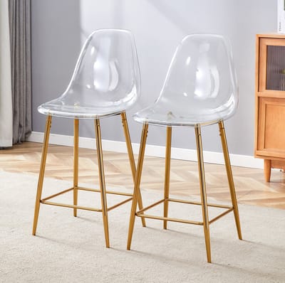 MIVRAY Barkruk - Transparante Barkruk Met Rugleuning - Set Van 2 - Met Voetsteun Voor Keuken, Bar En Eetkamer - Kunststof Goud