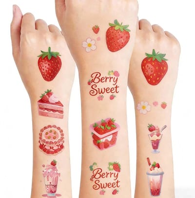 Dailygoods- Tatoeages Tijdelijk - 10 Vellen Aardbei-Tatoeages - Waterdichte Tatoeagestickers - Verjaardagsdecoraties - Voor Kinderen - Makkelijk te Verwijderen
