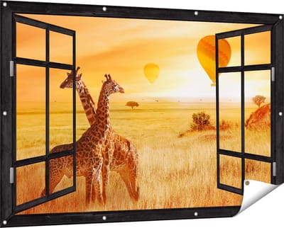 Gards Tuinposter Doorkijk Twee Giraffen met Twee Oranje Luchtballonnen - 150x100 cm - Tuindoek - Tuindecoratie - Wanddecoratie buiten - Tuinschilderij