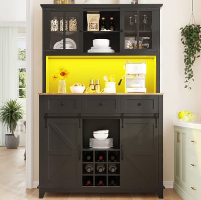 MEUNIQ Keukenkast 105 x 38,4 x 180 cm met glazen deuren, verstelbare planken, wijnrek, LED-verlichting en anti-kantel voor keuken of eetkamer, zwart