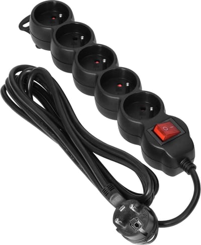 Stekkerdoos - Verlengsnoer -Verlengkabel - Met randaarde - 5 stopcontacten - 5 x 2P+E met schakelaar - 1.5 meter H05VV-F 1x1,5mm2, Imax=16A, Zwart max 3680 watt- VOOR België