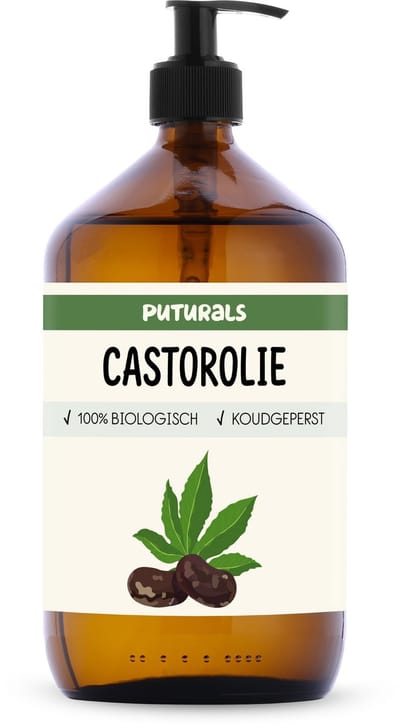 Puturals Castor Olie 100% Biologisch - 1000ml - Koudgeperst en Hexaanvrij - Castor Olie als Wimperserum, Haarolie en Huidolie - Rijk aan Vitamine E en Ricinolzuur - Ricinusolie voor Packing - Bruine Glazen Fles + Pomp