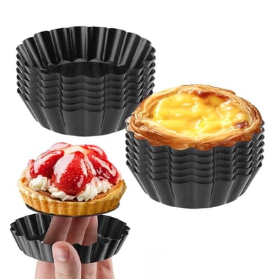 QTTVBTNA - Tartvormpjes met losse bodem - Cakevorm - Antiaanbaklaag - Bakvormen voor Taartjes, Brownies, Cheesecake - Zwart - ø 8 cm - 12 Stuks