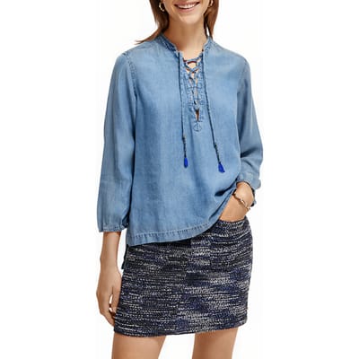 Scotch & Soda Lace Up Denim Washed Indigo Tencel Shirt Indigo Maat: 36 | Blouses Outlet | Dames | Blauw
