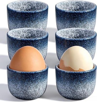 Set van 6 eierdopjes, porseleinen eierdopjes, diameter 5 cm, hoogte 4,8 cm, ovenglazuurproces, glad en braamvrij, vaatwasmachinebestendig en in geschenkdoos, eierdopjes voor ontbijttafels