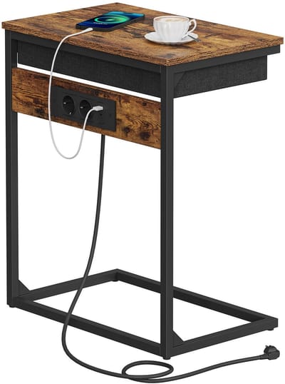 Signature Home Bijzettafel met Stopcontact en USB – Laptoptafel voor Bank – Nachtkastje met Laadstation en Lade – Industrieel Bruin-Zwart -55x35x66 cm