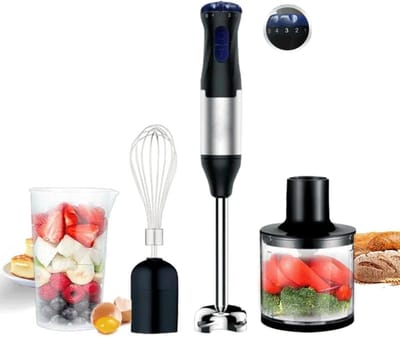 Staafmixer - Multifunctionele blender - Elektrische blender - 4-in-1 staafmixer - Met hakmolen - Instelbare snelheid - Voor puree - Cakes - Sauzen - Sapjes - Babyvoeding - Smoothies