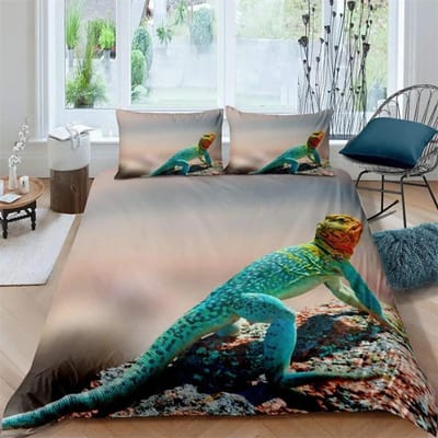 Hagedis Dekbedovertrek Set Reptiel Beddengoed Sets King Size voor Jongens Meisjes Pad Tropisch Dier Paars Bloemen Exotisch Dekbedovertrek 150X200cm 3pcs
