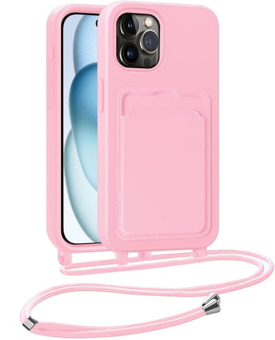 Hoesje Geschikt voor iPhone 14 Pro Max Hoesje Met Telefoonkoord en Pasjeshouder Siliconen - Hoes Geschikt voor iPhone 14 Pro Max Hoesje Met Kaarthouder Case - Lichtroze