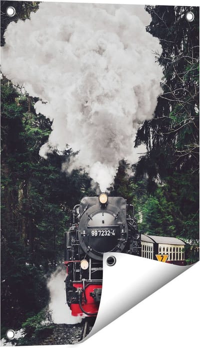 Gards Tuinposter Locomotief in de Bossen met Stoom Wolken - 40x60 cm - Tuindoek - Tuindecoratie - Wanddecoratie buiten - Tuinschilderij