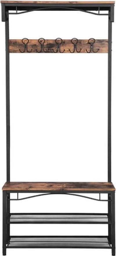 c90 - Home garderoberek hoed en kapstok, zitbank / hal schoenenrek en bank met planken, hal boom met haken, metalen frame met matte afwerking, 80 x 32 x 178,5 cm (L x B x H) HSR45BX
