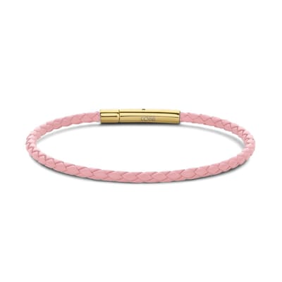 CO88 Collection 8CB-90917 Stalen Armband - Dames - Leer - Gevlochten - 18.5 cm - Licht Roze - 3 mm - Goudkleurig