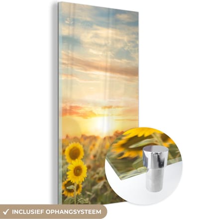 MuchoWow® Glasschilderij 20x40 cm - Schilderij acrylglas - Zonnebloem - Zon - Bloemen - Foto op glas - Schilderijen