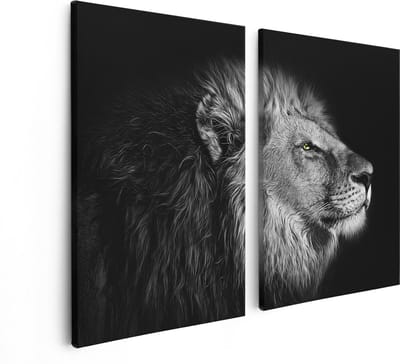 Artaza Canvas Schilderij Tweeluik Leeuw - Leeuwenkop - Zwart Wit - 80x60 cm - Wanddecoratie Woonkamer - Schilderijen - Muurdecoratie