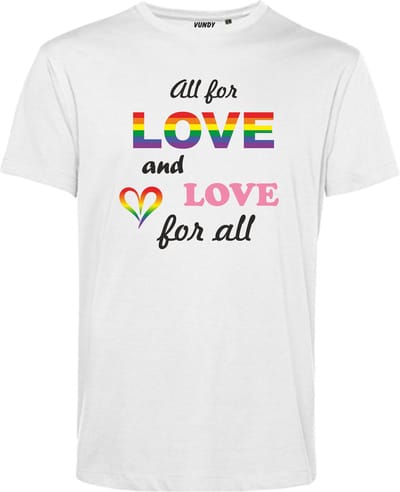 T-shirt Love For All | Gay pride shirt kleding | Regenboog kleuren | LGBTQ | Wit | maat XS