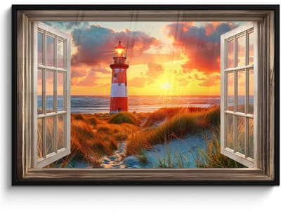 Poster in lijst - Fotolijst 120x80 cm - Posters - Doorkijk - Raam - Vuurtoren - Zonsondergang - Strand - Posterlijst zwart - Decoratie - Wanddecoratie woonkamer - Muurdecoratie slaapkamer