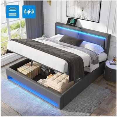 Merax Opbergbed 140 x 200 cm met hoofdeinde - USB- en LED-aansluitingen - PU leer - Lattenbodem - Grijs (zonder matras)