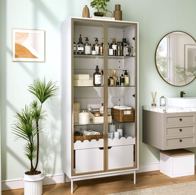 STILVORA Hoge Kast - Glazen Deur, Verstelbare Glasplanken En Lade - Voor Woonkamer, Slaapkamer En Hal - MDF - Wit;Goud - 75x35x170,8 Cm