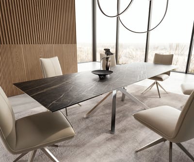 Eetkamertafel Edge keramiek Laminam®Noir Desir bruin 200-300x100 kruisframe rechthoek RVS uitschuifbaar