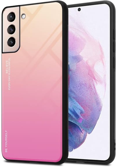 Cadorabo Hoesje geschikt voor Samsung Galaxy S21 PLUS in GEEL - ROZE - Tweekleurige beschermhoes van TPU-silicone Case Cover en achterzijde van gehard glas