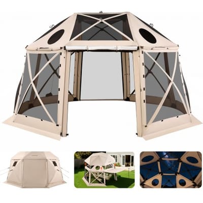VEVOR Pop-up Paviljoen, 4,57 x 4,57 m, 13-zijdige, bolvormige kampeertent met afneembaar dak en draagtas, 360° ventilatie, zonnescherm, partytent voor 12-15 personen, beige