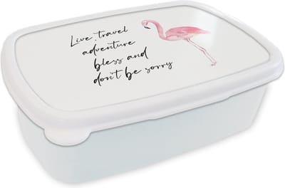 Broodtrommel Wit - Lunchbox - Brooddoos - Spreuken - Quotes - Live, travel, adventure, bless and don't be sorry - Flamingo - 18x12x6 cm - Volwassenen