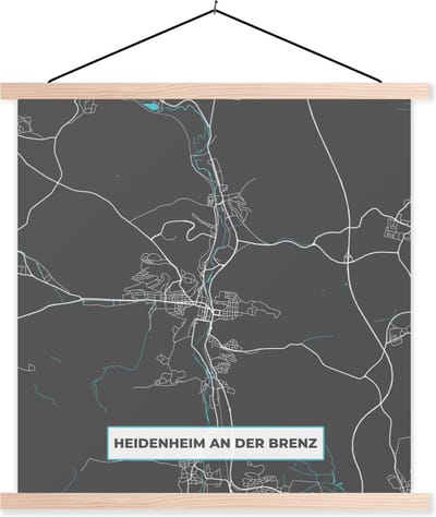 Posterhanger incl. Poster 40x40 cm - Schoolplaat - Kaart – Plattegrond – Stadskaart – Heidenheim an der Brenz – Duitsland – Blauw - Textielposter - Blanke latten - Stadskaart