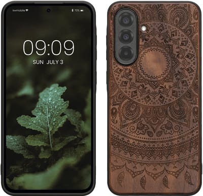 kwmobile telefoonhoesje geschikt voorSamsung Galaxy A36 5G - Hoesje met bumper - hout - In donkerbruin Indian Sun design