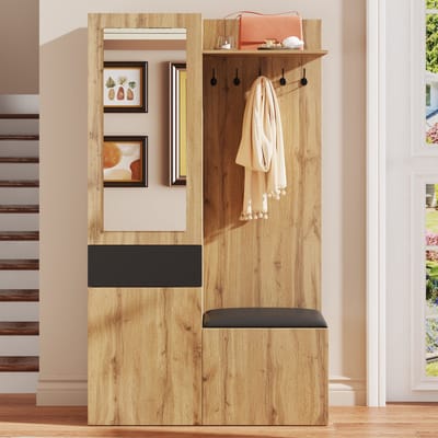 STILVORA Garderobeset - 5 Haken En 2 Schoenkasten Met Spiegel - Zitbank Voor Hal En Entree - MDF - 98,5x38x191 cm - Zwart+Notenbruin