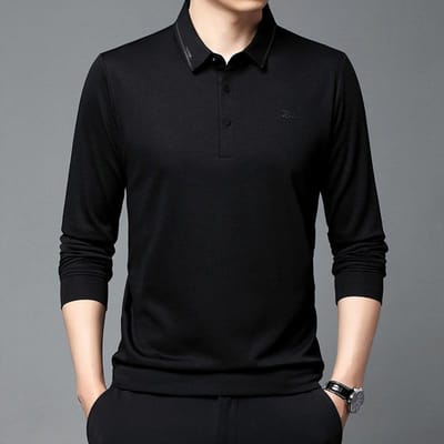 Nieuw Heren T-shirt met Lange Mouwen Lente en Herfst Effen Kleur Business Casual Poloshirt Heren Trendy Onderlaag Top XXXXL black