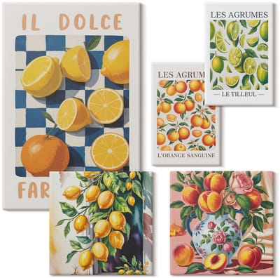 Wallfluent Set van canvas schilderijen - Citrus retro-inspiraties voor de keuken Canvas Schilderijen Set - Set van 5 Canvas Schilderijen - Oranje Set van Canvas Prints - Voedsel Canvas Kunst Set - Boheemse Canvas Kunst Set