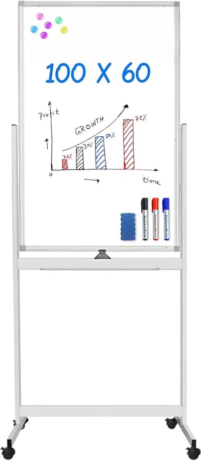 Mageneetbord 100 x 60 cm - Dubbelzijdig en droog afwasbaar - Aluminium frame op wielen