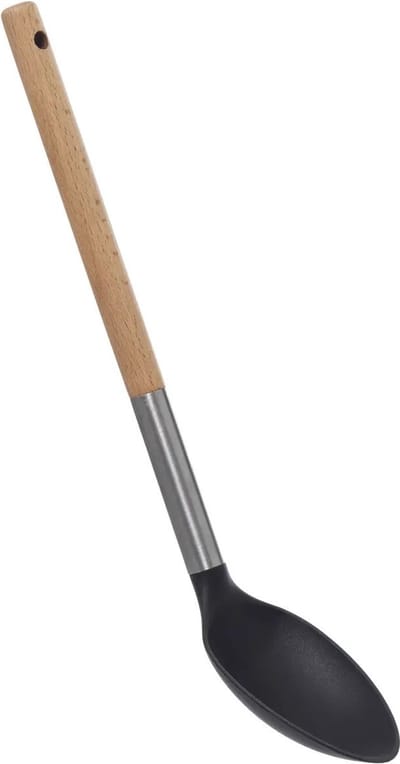 5Five Voedsel opscheplepel - zwart/lichtbruin - hout/rvs/kunststof - 32 cm - Keukengerei/groente/aardappels/rijst
