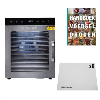Wartmann Voedseldroger Voordeelset - 10 laags Droogoven - Handboek Voedsel Drogen - 6 Siliconen Bakmatten - WM 2110 DH - Dubbelwandig RVS - 25°C tot 90°C