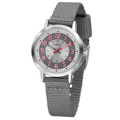 ATRIUM Horloge - Kinderen - Jongens - Meisjes - Staal Grijs & Zilverkleurig - Analoog - 3 bar Waterdicht - Leercijferblad - Verstelbaar Nylon Bandje (13 - 17 cm) - Leren - Duidelijk - Quartz Uurwerk - Edelstalen Sluiting - A46-10