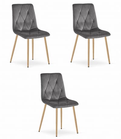 Set van 3 Eetkamerstoelen LIBRA Donkergrijs – Houtlook Metalen Poten, Modern Velvet Bekleding, Ergonomisch Design, Max. 120 kg