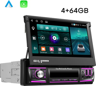 Boscer 1Din Autoradio - Android 15 - Apple Carplay & Android Auto (Draadloos) - 4+64GB - 7 Inch IPS HD Handmatig Klapscherm - Navigatiesysteem - Bluetooth, Aux, USB, SD & MP5 - GPS - WIFI - Achteruitrijcamera & Microfoon