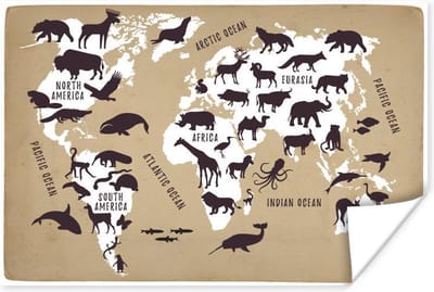 Poster 30x20 cm - Wereldkaart - Sepia - Dieren - Posters - Kamer decoratie - Wanddecoratie woonkamer - Muurdecoratie slaapkamer