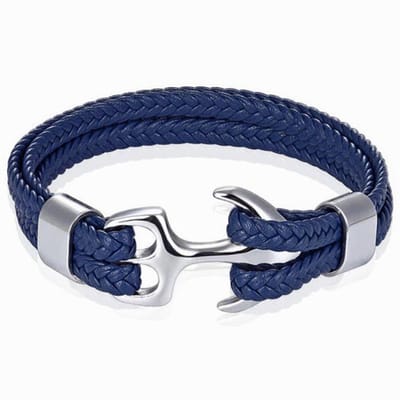 Tom Jaxon Heren armband Anker gevlochten Leer Zilverkleurig Blauw - 18cm