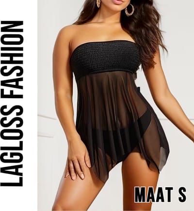 LaGloss® Elegante 2-Delige Tankini met Hoge Stretch & Verfijnde Details - Zwart Strapless Zwempak – Maat S