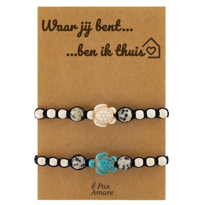 Koppel Armbandjes voor 2 "Waar jij bent, ben ik thuis" - Schildpadjes - Vriendschapsarmbandjes met Liefdevol Cadeau Kaartje - Wit & Blayw - Elastisch Verstelbaar - Pax Amare