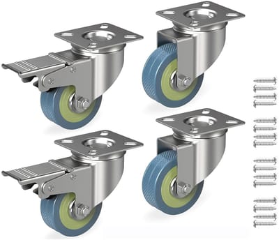 Set van 4 meubelwielen 50 mm (2 met remmen, 2 zonder) met 16 schroeven, tot 50 kg per wiel, ideaal voor strandstoelen en palletmeubels