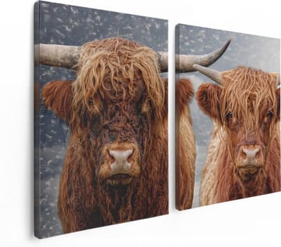 Artaza Canvas Schilderij Tweeluik Schotse Hooglander Koppel - Man en Vrouw - 120x80 - Foto Op Canvas - Canvas Print