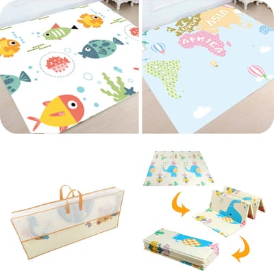 MIRO® Speelmat - Baby - Kinderen - Kruipmat - Speelkleed - Dubbelzijdig - XL - Opvouwbaar - Extra Dik - Foam - Vissen & Wereldkaart - Cijfers & Letters - 180 x 200 CM - Inclusief Opbergtas