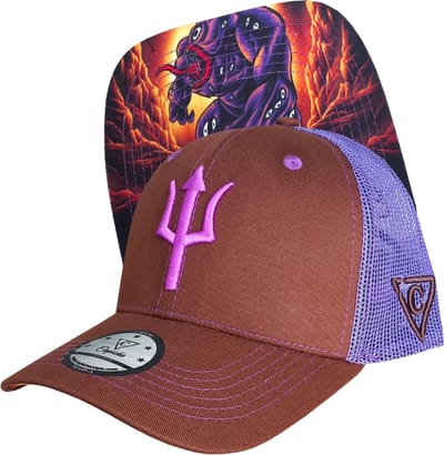 Capiche® Trucker Pet Heren – Argus – Bruin & Paars – Verstelbaar met Druksluiting – Sportcap – Trucker Cap – Capiche Caps – Griekse Mythologie – Argusogen