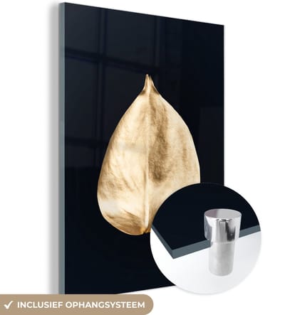 MuchoWow® Glasschilderij 120x160 cm - Schilderij acrylglas - Bladeren - Black en gold - Zwart - Goud - Luxe - Foto op glas - Schilderijen