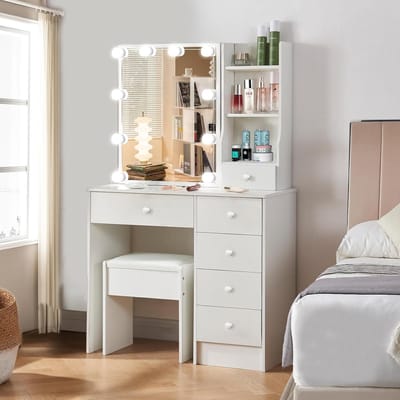 Kaptafel met Verlichting - Dressing meubel - Make-up aanbrengen - Ingebouwde spiegelkast - 80 x 130 cm - Wit