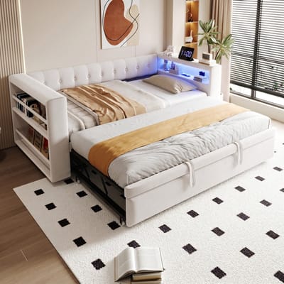 VVBV Slaapbank met Opbergruimte 90/180x190 cm - LED-Verlichting - Beige