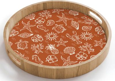 Dienblad rond 40x40 cm - Schootdienblad hout - Zee - Zeepaardje - Kreeft - Bruin - Borrelplank rechthoek - Plateau houten dienbladen